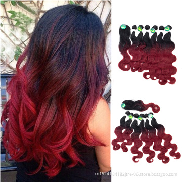 Japanese fiber Hair Bundles With Lace Closure  Body Wave Synthetic Braiding Hair Ombre Color for Women